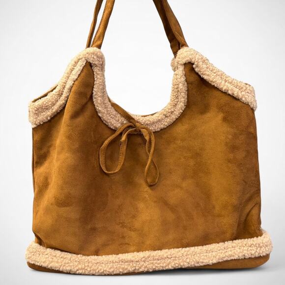 Brown Faux Suede Shearling Tote Bag - Picture 2 of 6